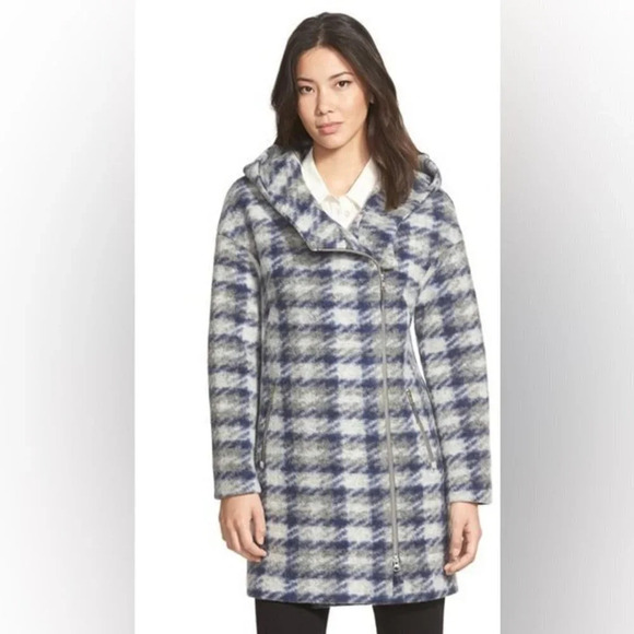 Soia & Kyo Kym Wool Blend Check Plaid Zip Jacket Hooded Coat Sz Medium - Picture 2 of 12